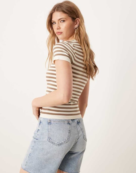 ASOS DESIGN seamless sculpting crew neck seamless t-shirt in neutral stripe - Image 3