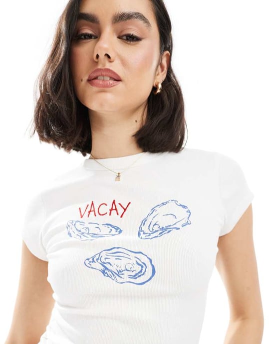 ASOS DESIGN ribbed baby tee with oyster graphic in white - Image 2