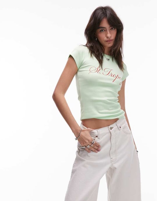 Topshop jersey St Tropez graphic every day tee in green - Image 4