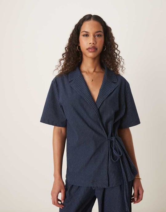 ASOS DESIGN denim look tie front revere shirt in pinstripe - Image 1