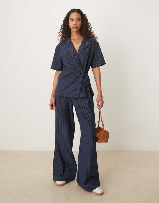 ASOS DESIGN denim look tie front revere shirt in pinstripe - Image 2