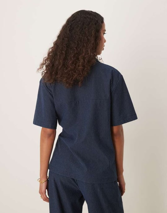 ASOS DESIGN denim look tie front revere shirt in pinstripe - Image 4