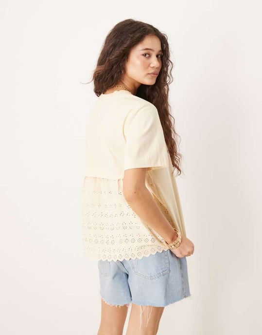 ASOS DESIGN oversized t-shirt with broderie back detail in washed cream - Image 3