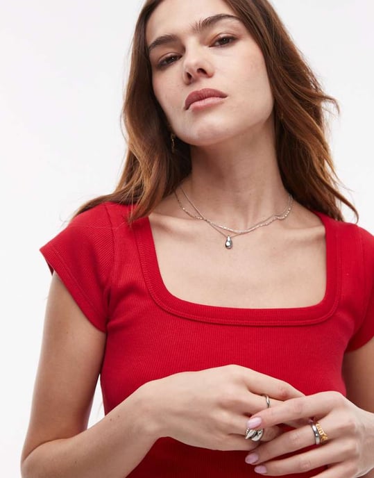 Topshop square neck rib cap sleeve tee in cherry red - Image 3