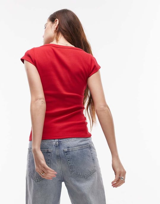 Topshop square neck rib cap sleeve tee in cherry red - Image 4