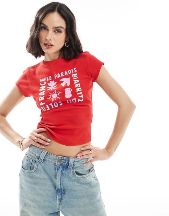 ASOS DESIGN rib baby tee with soleil graphic in red - Image 3