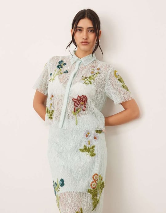 ARRANGE botanical floral embellished lace crop shirt co-ord in light blue - Image 1