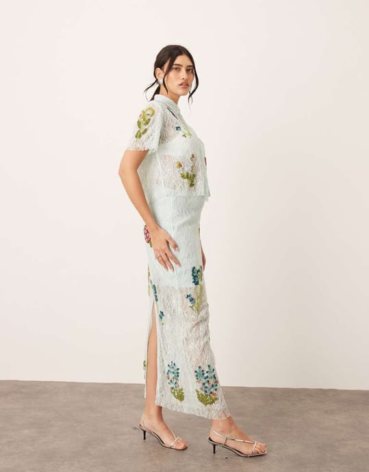 ARRANGE botanical floral embellished lace crop shirt co-ord in light blue - Image 2