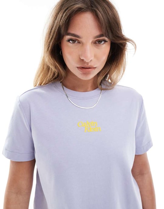 Calvin Klein Jeans central script logo t-shirt in lavender - Image 3