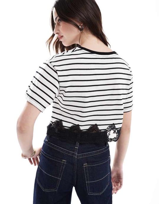 Miss Selfridge stripe lace hem short sleeve t-shirt - Image 3
