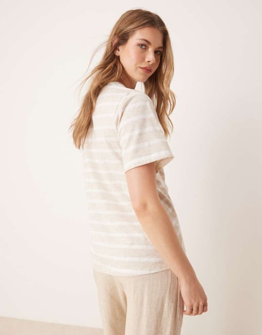 ASOS DESIGN pleat tuck detail t-shirt in neutral stripe - Image 2