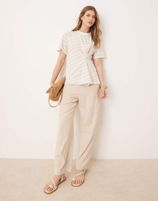 ASOS DESIGN pleat tuck detail t-shirt in neutral stripe - Image 3