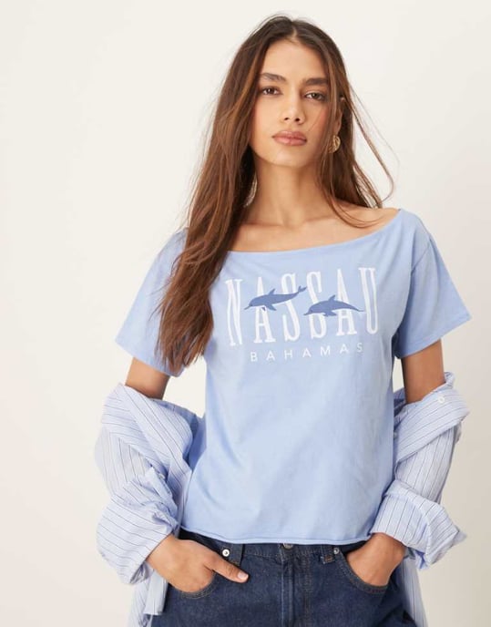 Hollister slash neck t-shirt with Nassau print in blue - Image 1