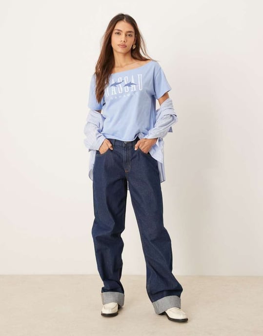 Hollister slash neck t-shirt with Nassau print in blue - Image 3