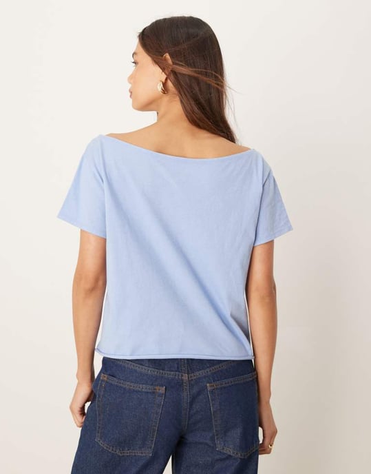 Hollister slash neck t-shirt with Nassau print in blue - Image 4