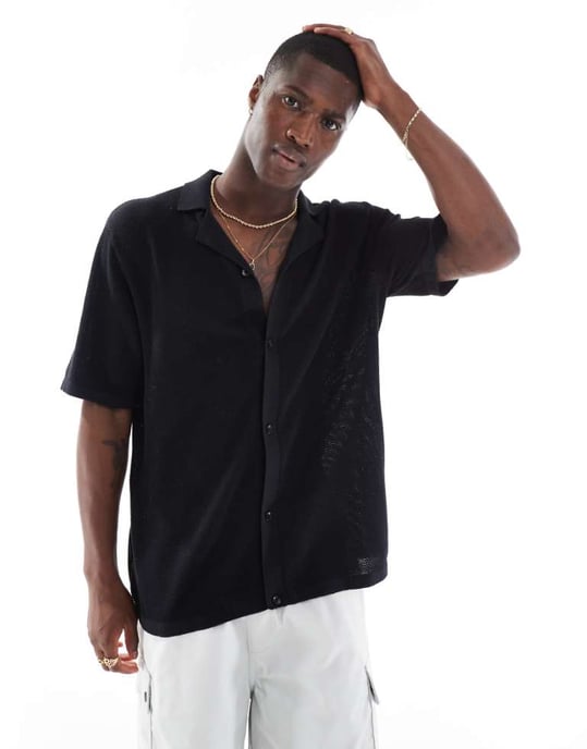 Jack & Jones överdimensionerad knappad stickad polo i svart - Image 1