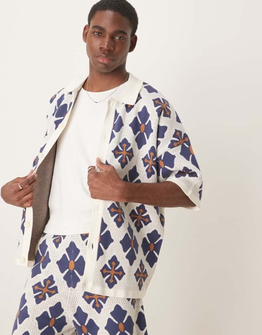 ASOS DESIGN avslappnad stickad knäppd polo-set med aztekmönster i blått - Image 1