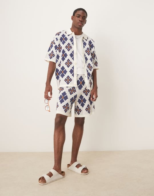 ASOS DESIGN avslappnad stickad knäppd polo-set med aztekmönster i blått - Image 2