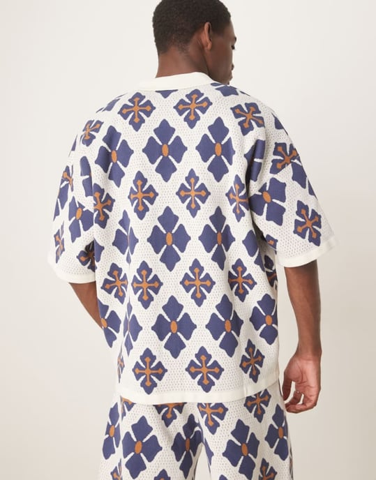 ASOS DESIGN avslappnad stickad knäppd polo-set med aztekmönster i blått - Image 3