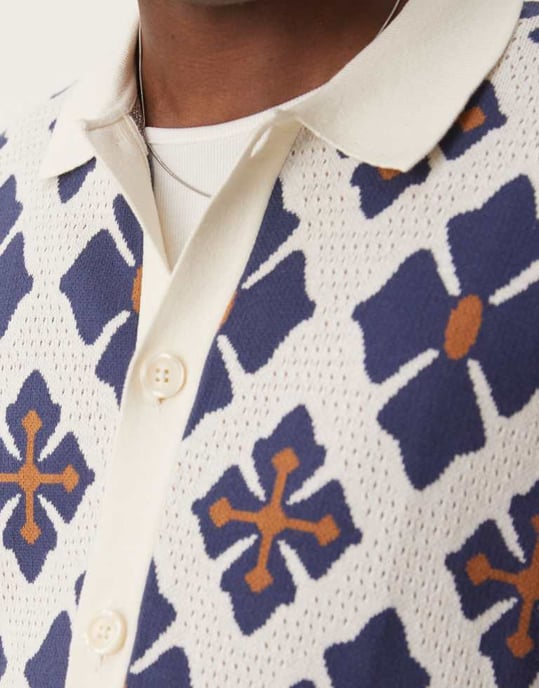 ASOS DESIGN avslappnad stickad knäppd polo-set med aztekmönster i blått - Image 4