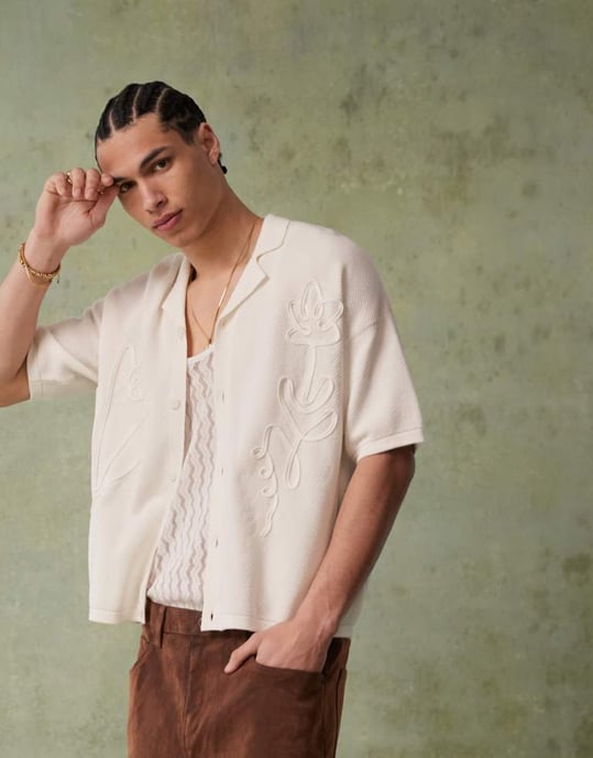 ASOS DESIGN avslappnad stickad polo med knappar och blommig broderi i ecru - Image 1