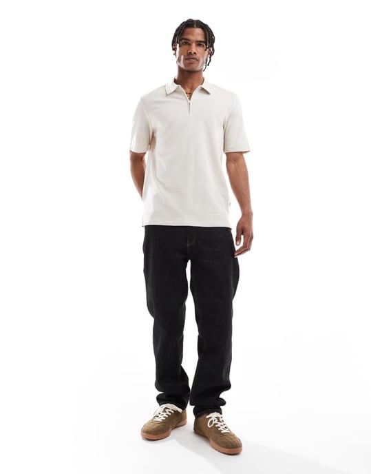 Jack & Jones strukturerad zip-polo i beige - Image 3