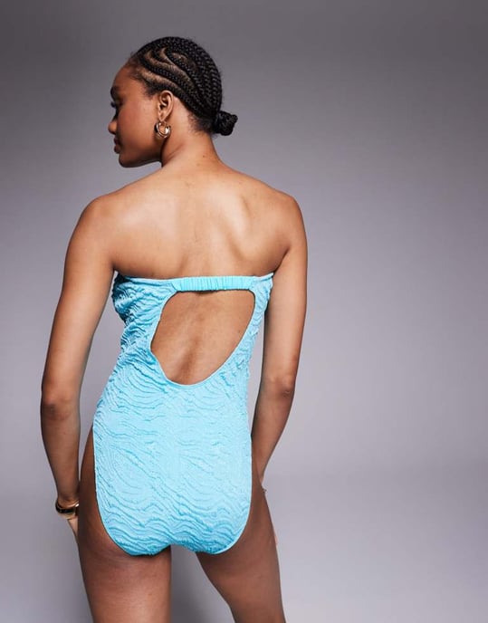 ASOS DESIGN Lång Maria strukturerad bandeau baddräkt i turkos - Image 2