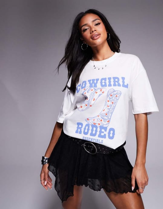 Gina Tricot oversized short sleeve cow girl rodeo graphic print t-shirt in white - Image 1