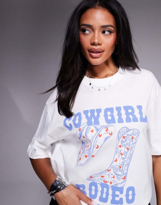 Gina Tricot oversized short sleeve cow girl rodeo graphic print t-shirt in white - Image 3