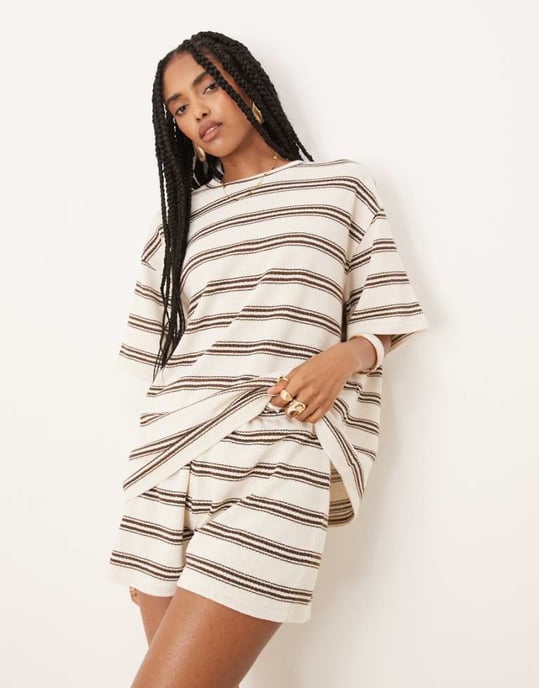 ASOS DESIGN oversized t-shirt co-ord in choc stripe - Image 1