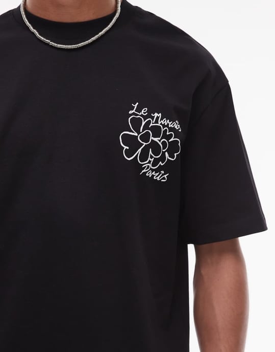 Topman relaxed fit t-shirt with front and back Le Marais raised print in black - Image 3