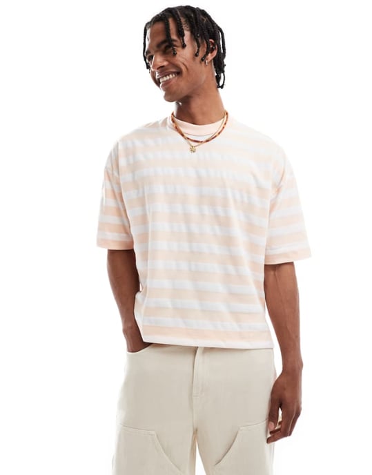 ASOS DESIGN heavyweight boxy oversized t-shirt in pink and white stripe - Image 1