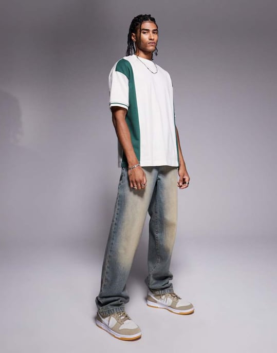 ASOS DESIGN oversized colour block t-shirt in cream and green - Image 1