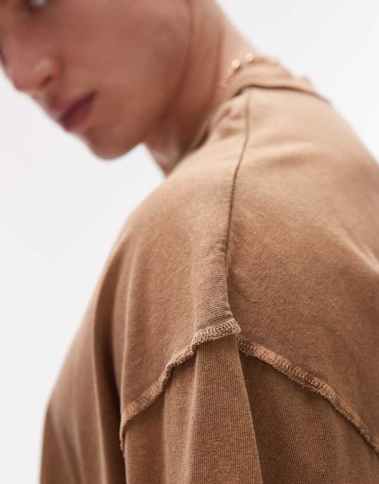 Topman extreme oversized washed raw seam detail t-shirt in brown - Image 2