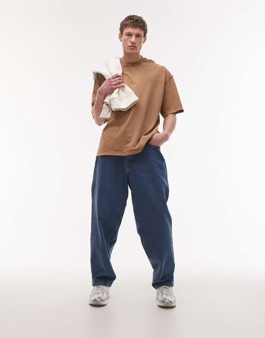Topman extreme oversized washed raw seam detail t-shirt in brown - Image 3