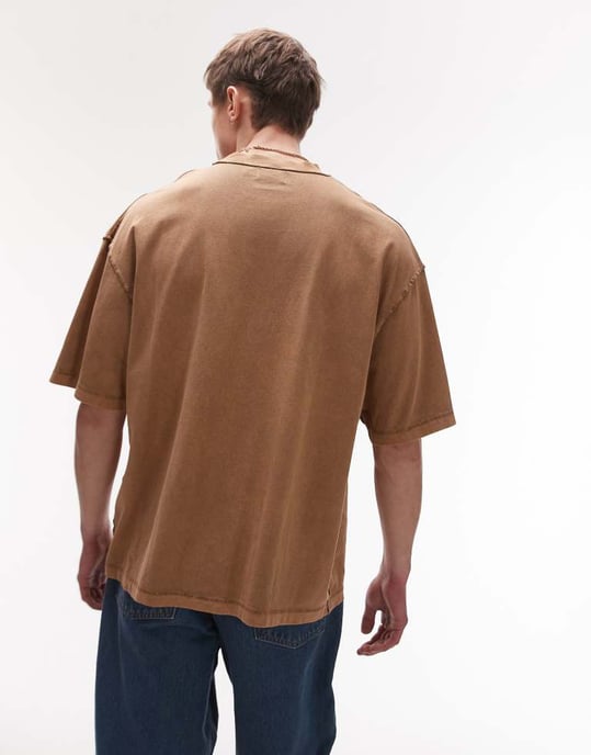 Topman extreme oversized washed raw seam detail t-shirt in brown - Image 4