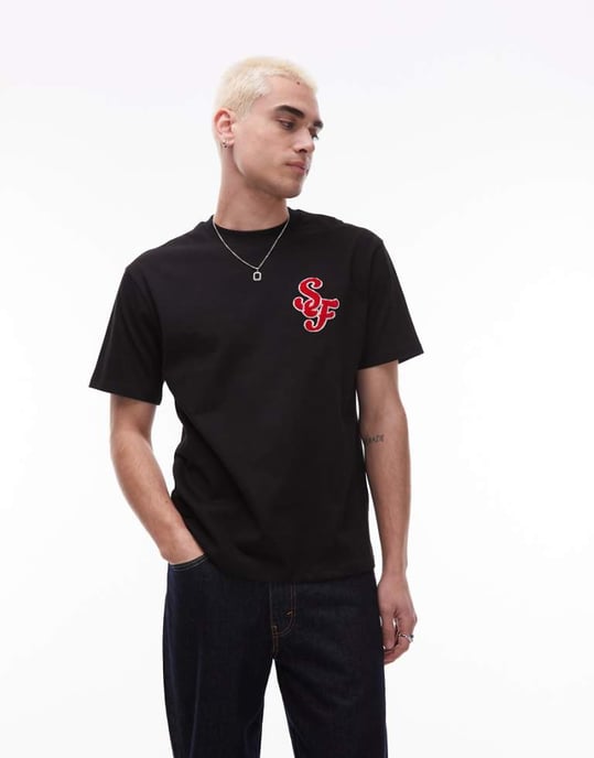 Topman heavyweight relaxed fit t-shirt with letter chenille embroidery in black - BLACK - Image 1