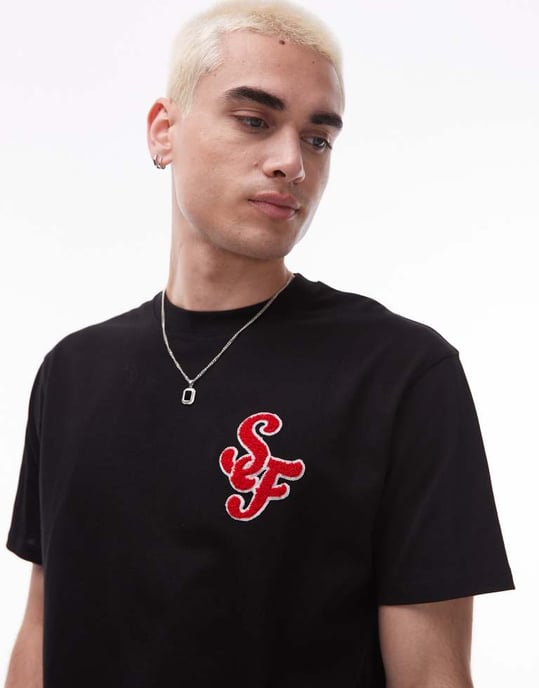 Topman heavyweight relaxed fit t-shirt with letter chenille embroidery in black - BLACK - Image 3