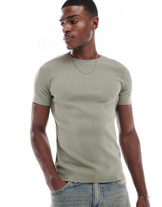 ASOS DESIGN Essentials muscle fit t-shirt in green rib - Image 1