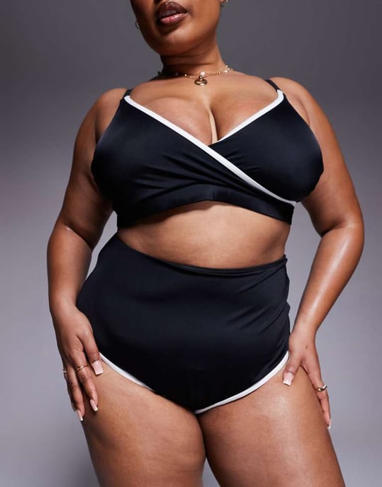 ASOS DESIGN Curve exklusiv kontrastbindning smal cropped bikiniöverdel i svart - Image 3