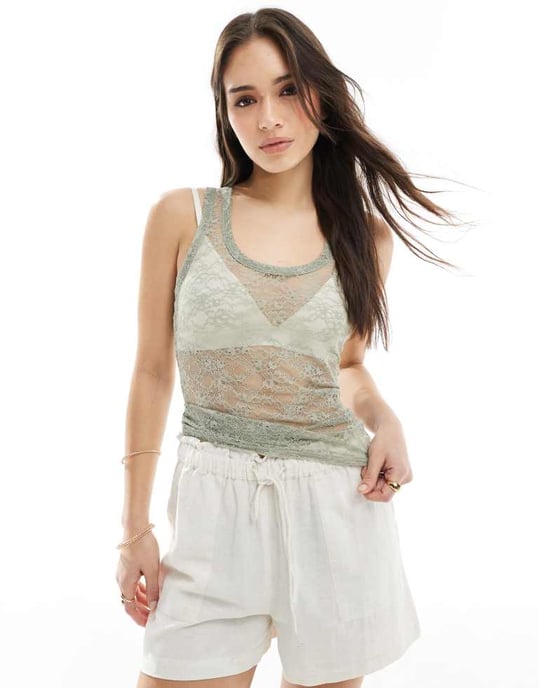 Monki spetstopp med racerback i khaki - Image 3