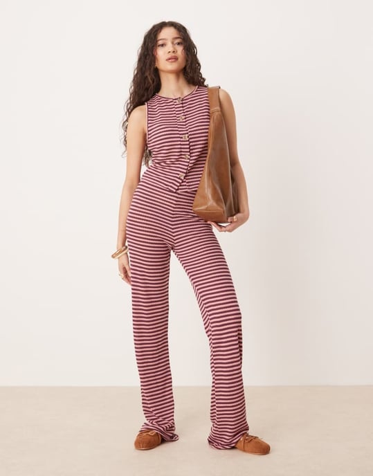 ASOS DESIGN stickad knäppt väst set i rosa och vinröd rand - Image 2