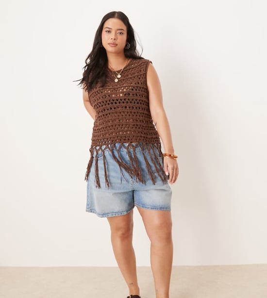 ASOS DESIGN Curve knitted stitch tank with fringe detail in chocolate - Image 1