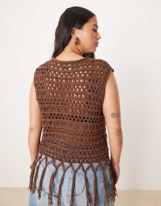 ASOS DESIGN Curve knitted stitch tank with fringe detail in chocolate - Image 3
