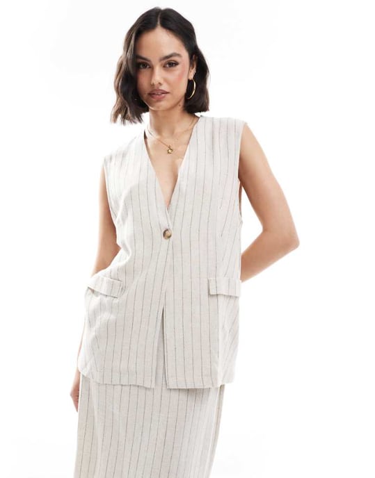 ASOS DESIGN linne-look ränder långline koordinerad väst - Image 1