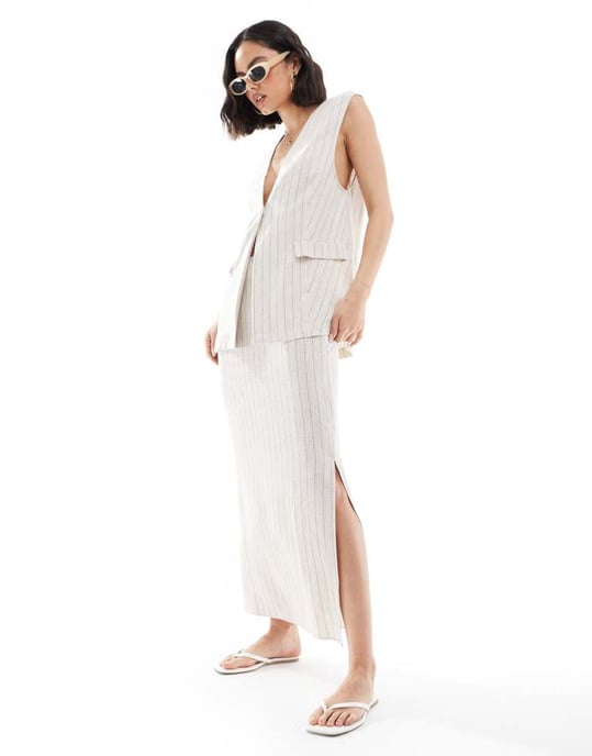 ASOS DESIGN linne-look ränder långline koordinerad väst - Image 4