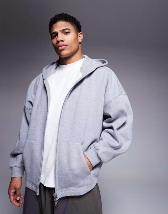 ASOS DESIGN premium heavyweight extreme oversized zip through hoodie with fixed hem in 400gsm grey marl - GREY - Image 2