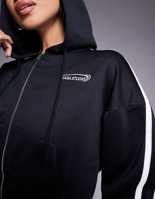 Kaiia cotton blend Studio cropped side stripe zip up hoodie co-ord in black - Image 2