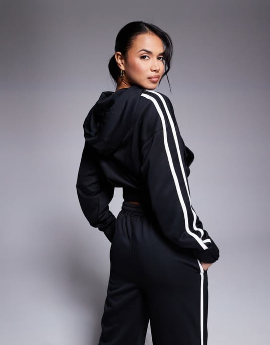 Kaiia cotton blend Studio cropped side stripe zip up hoodie co-ord in black - Image 3
