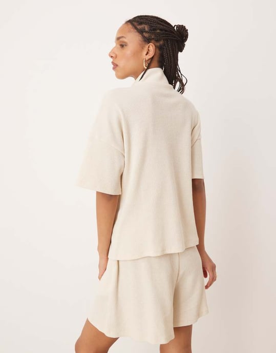Vila boxy 1/4 zip waffle top co-ord with faux pearl zip detail in birch cream - Image 3